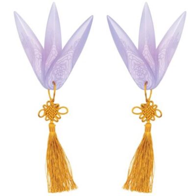 KPop Demon Hunters Zoey 6-Inch Spirit Blades costume accessories with translucent lavender-purple blades, gold decorative knots, and long gold tassels.