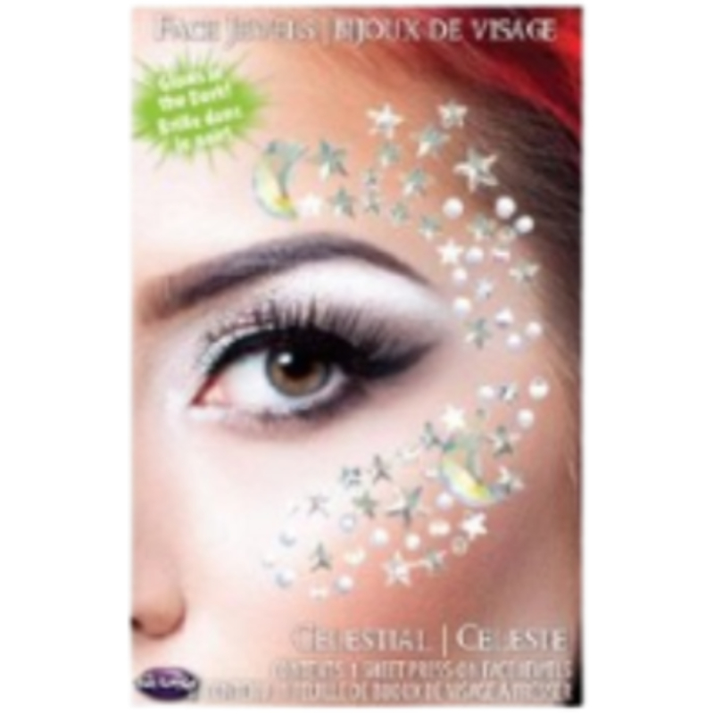 Glow-in-the-dark celestial face jewels with stars, moons, and sparkling accents arranged around the eye.