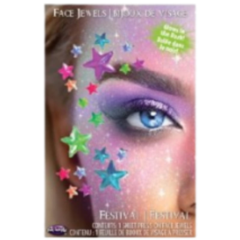 Colorful glow-in-the-dark star-shaped face jewels arranged around the eye for a festival makeup look.