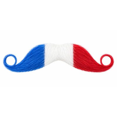 Red, white, and blue patriotic striped costume moustache with curled ends.
