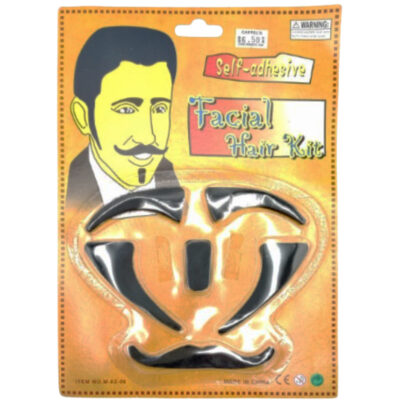 6-Piece Costume Facial Hair Kit with self-adhesive black mustache and goatee-style pieces in retail packaging.