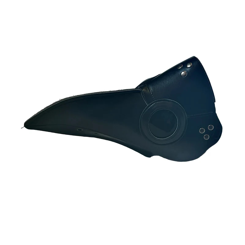 Black imitation leather plague doctor mask with long beak design and eye openings.