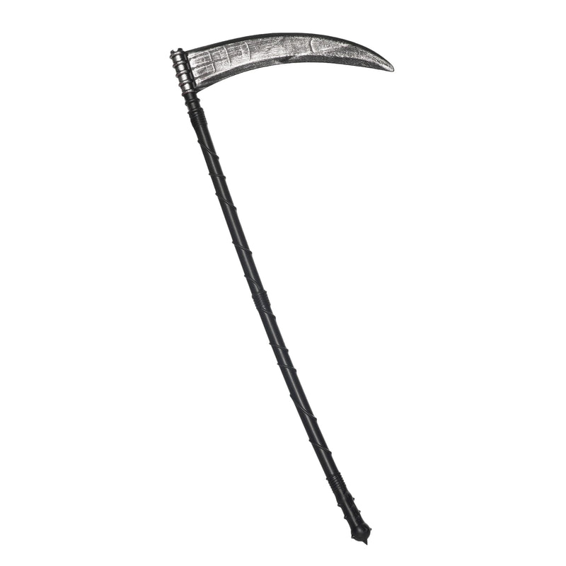 24 inch child plastic scythe costume prop with black handle and curved silver-look blade.