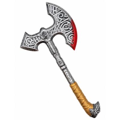 20 inch plastic bloody hand axe costume prop with ornate silver blade, red blood-style accent, and detailed handle.