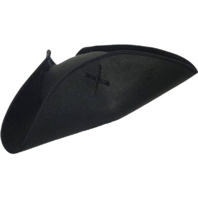 Black Imitation Leather Tri-Corne Hat with classic three-cornered brim and sleek black finish for pirate and colonial costumes.