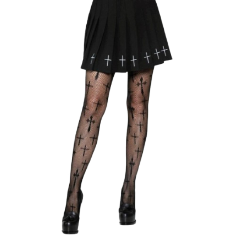 Cross Design Polyester Net Stocking Tights in black with repeating cross motifs on sheer net-style legs.