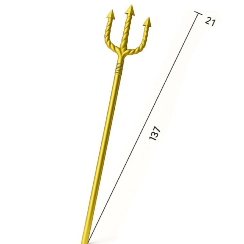 36 inch gold plastic sea trident costume prop with long shaft and classic three-prong pitchfork-style top.