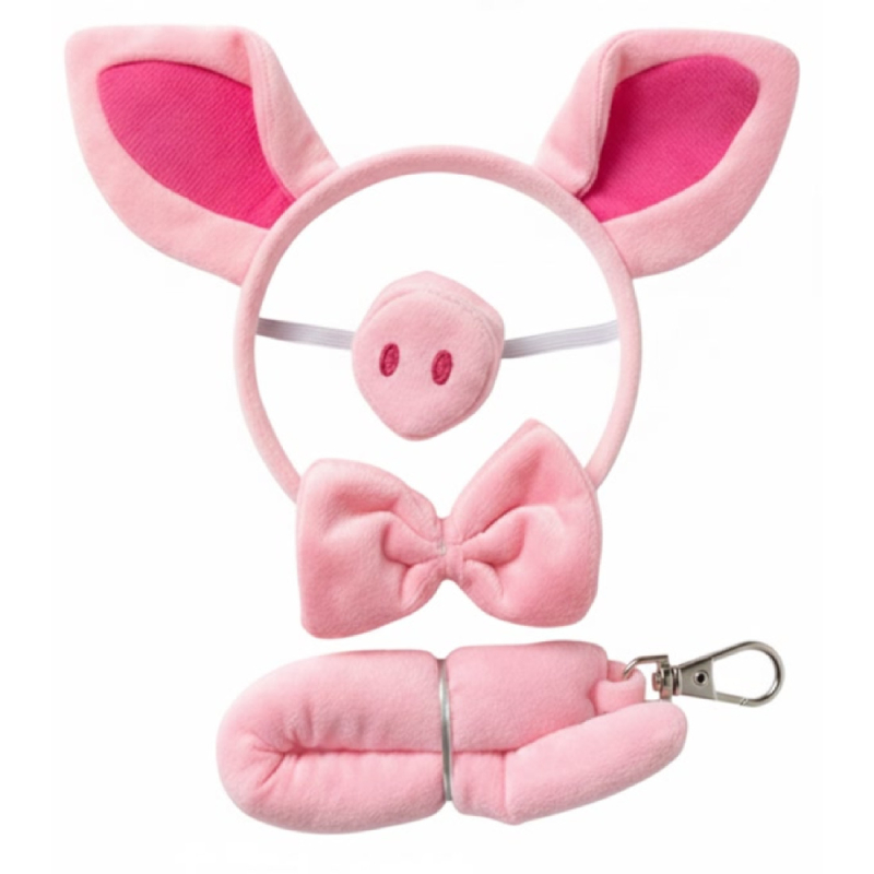 Costume Pig Ears, Tail, Nose and Bowtie Kit in pink with pig ear headband, snout, bow tie, and curly tail.