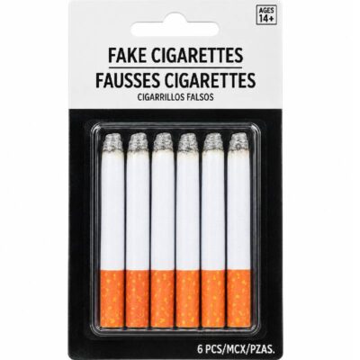 Six novelty fake puff cigarette costume props with white bodies and orange filter-style ends in retail packaging.