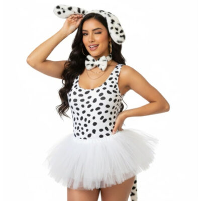Plush Dalmatian dog costume accessory kit with black-and-white spotted ears, matching tail, and bowtie.