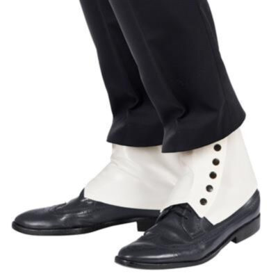 White 1920s fabric spats with dark button accents worn over black dress shoes.
