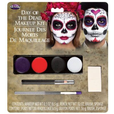 Day of the Dead makeup kit with black, white, red, and purple face paint plus pencil, brush, crayon, and sponge.