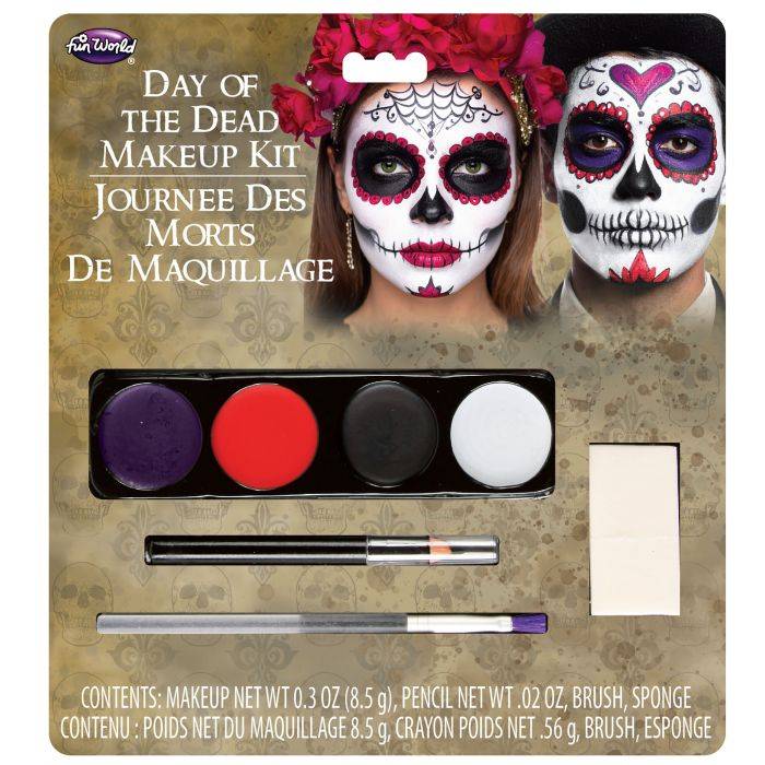 Day of the Dead makeup kit with black, white, red, and purple face paint plus pencil, brush, crayon, and sponge.