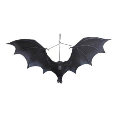 20 inch black hanging flying bat Halloween decoration with wide outstretched wings.