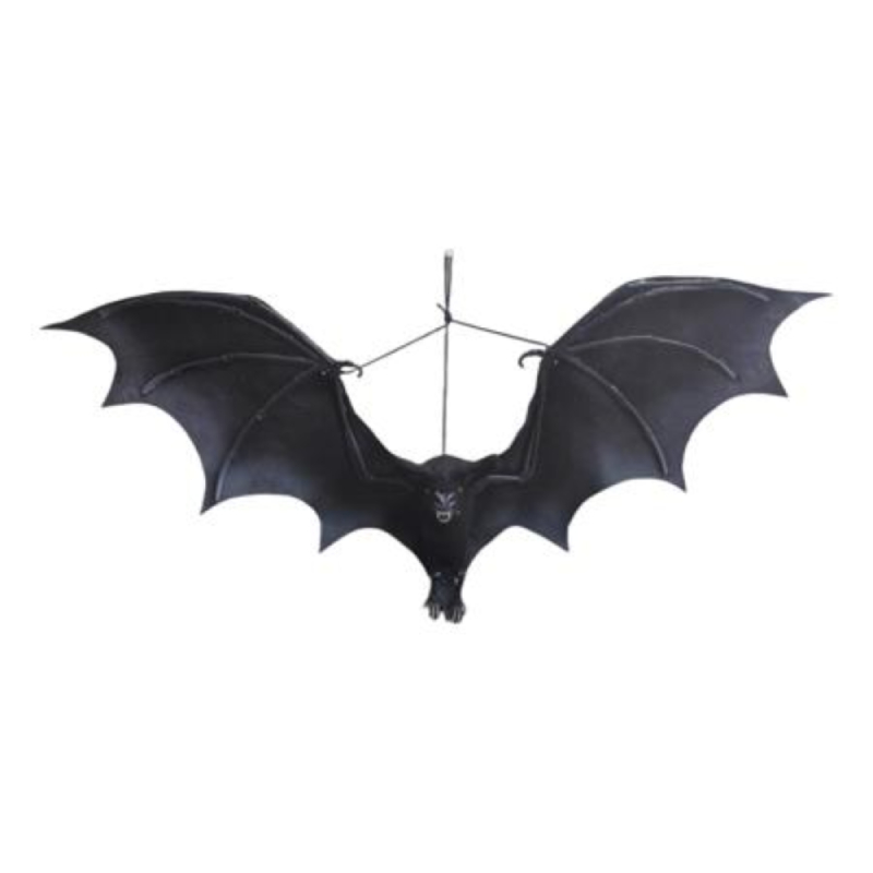 20 inch black hanging flying bat Halloween decoration with wide outstretched wings.