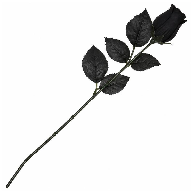 20.5 inch long-stem black silk rose bud with matching black leaves for gothic, Halloween, and decorative floral arrangements.