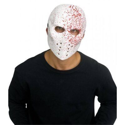 Costume Plastic Hockey Punisher Face Mask in white with red splatter accents, open eye holes, and dark ventilation details.