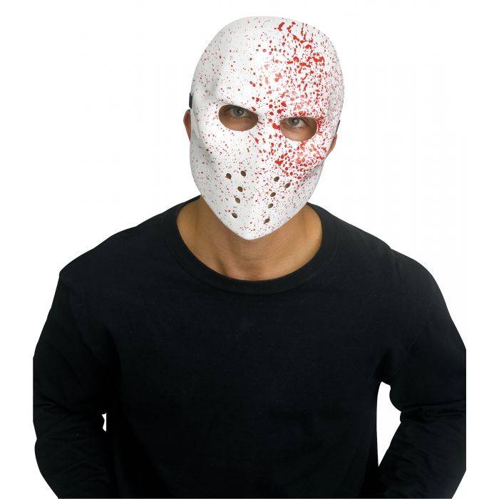 Costume Plastic Hockey Punisher Face Mask in white with red splatter accents, open eye holes, and dark ventilation details.