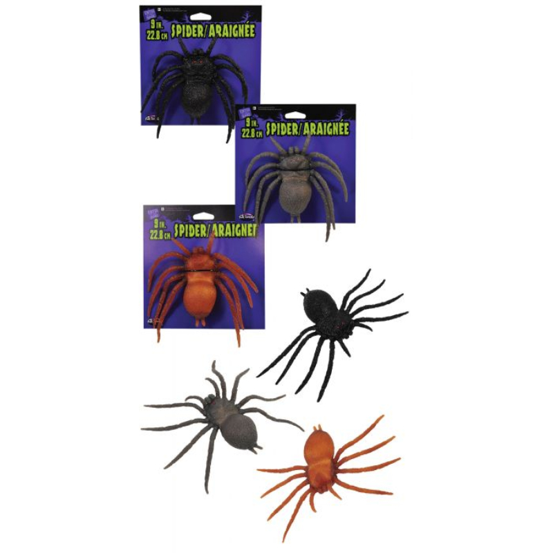 9 inch Squishy Rubber Tarantula Spiders shown in assorted black, brown, and orange colors with long flexible legs.