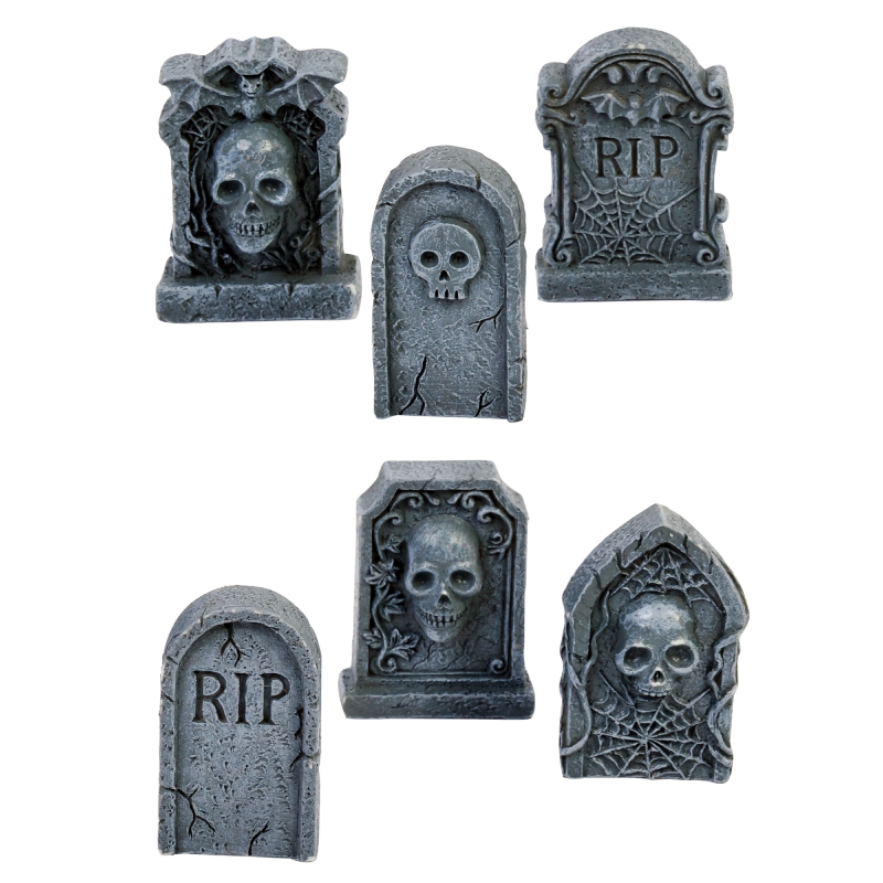 Assorted 1.5 inch gray plastic miniature tombstones with skulls, RIP lettering, cracks, and cobweb designs.