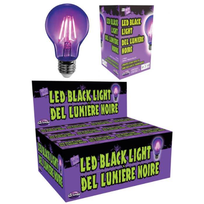 LED Single Black Light Bulb with purple UV-style glow shown beside black and purple retail packaging.