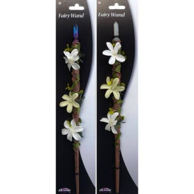 14.5 inch floral fairy wand with branch-style handle, flowers, greenery, and crystal-look tip.