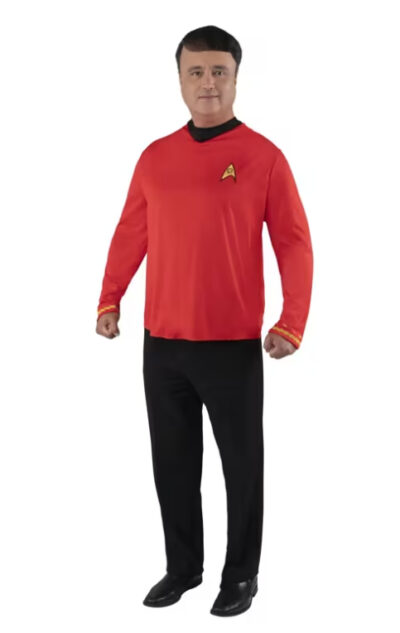 Star Trek Scotty Adult Costume with bright red engineering uniform top, black collar, Starfleet-style chest insignia, and black pants.