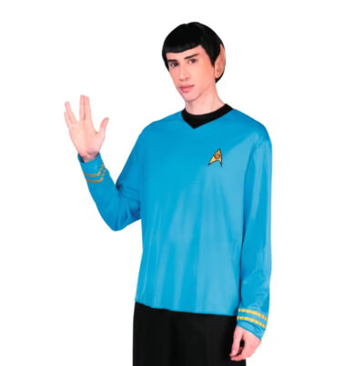 Licensed Star Trek Spock Adult Costume with bright blue science uniform top, black collar, Starfleet insignia, and gold-tone cuff accents.
