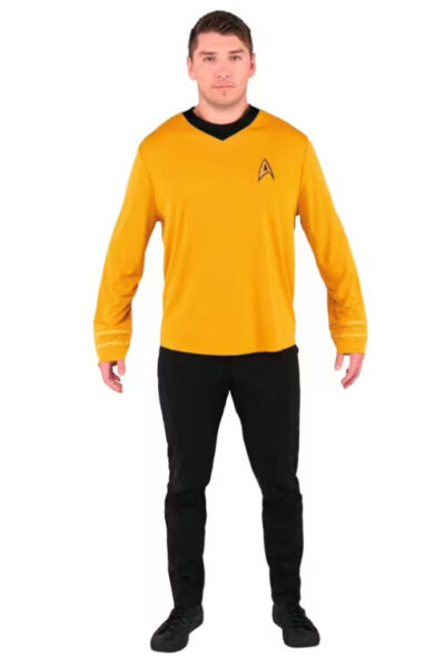 Licensed Star Trek Captain Kirk Adult Costume with gold command uniform top, black V-neck collar, Starfleet insignia, and black pants.