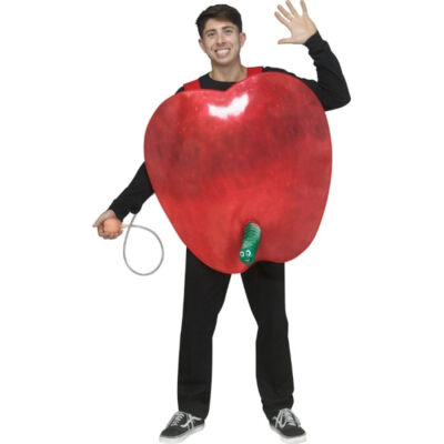 Apple Squirmy Surprise Standard Adult Costume with oversized red apple body and green worm detail peeking from the bottom.