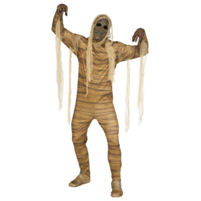Mummy with Mask Standard Adult Costume with weathered tan bandage-style wrapping, hanging fabric strips, and coordinating mummy face mask.