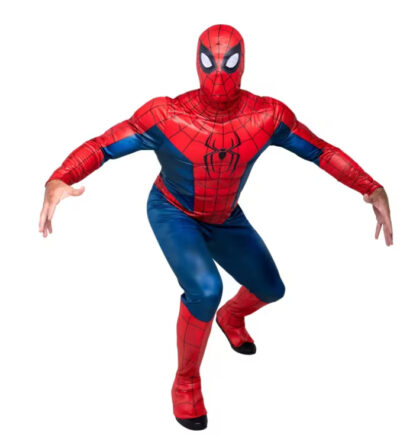 Licensed Spider-Man Brand New Day Adult Costume with red-and-blue jumpsuit, black spider chest emblem, web detailing, and coordinating mask.