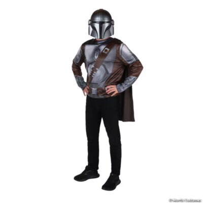 Star Wars The Mandalorian Adult Costume with printed brown and gray armor details, dark cape, and coordinating helmet-style mask.