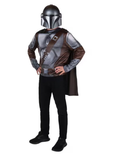 Star Wars The Mandalorian Adult Costume with printed brown and gray armor details, dark cape, and coordinating helmet-style mask.
