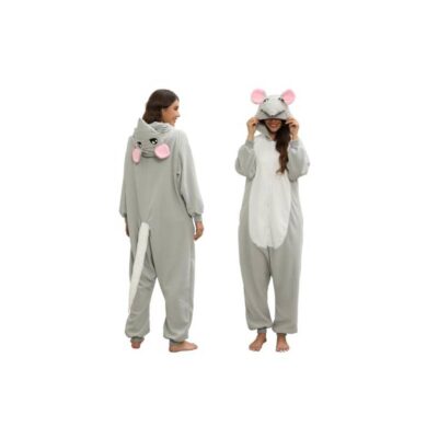 Gray mouse plush hooded onesie costume shown from front and back with pink ears, white belly panel, character hood, and long tail.