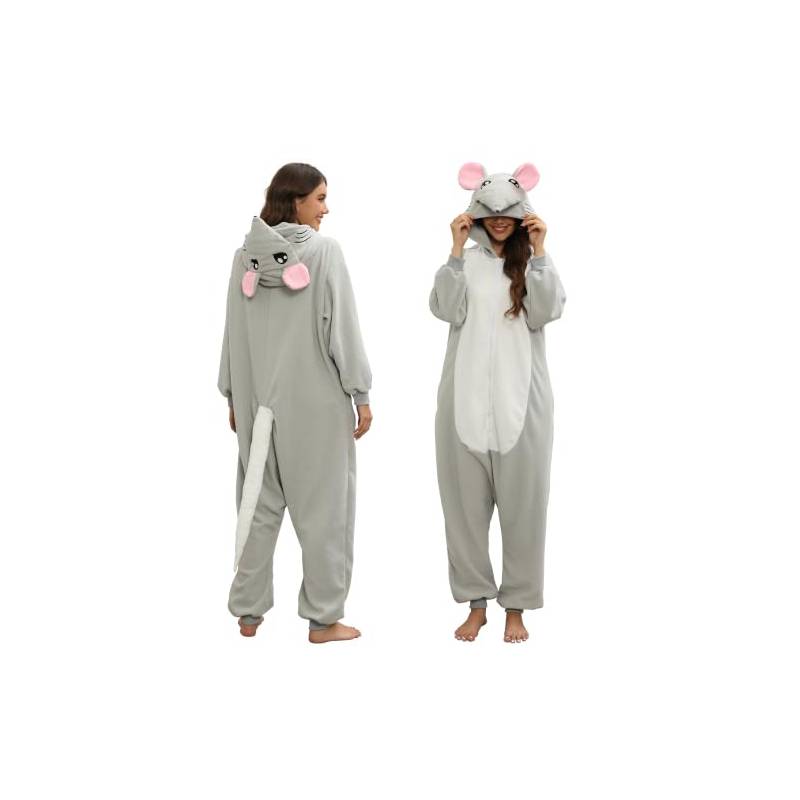 Gray mouse plush hooded onesie costume shown from front and back with pink ears, white belly panel, character hood, and long tail.