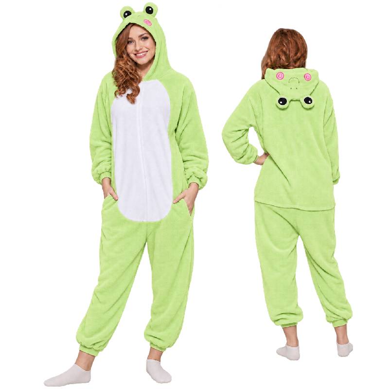 Green frog plush hooded onesie costume shown from front and back with raised frog eyes, white belly panel, and front pocket