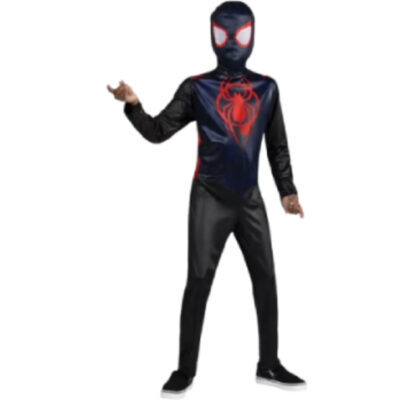 Marvel Spider-Man Miles Morales Child Costume with black jumpsuit, red spider emblem, red accent details, and coordinating full-head mask.