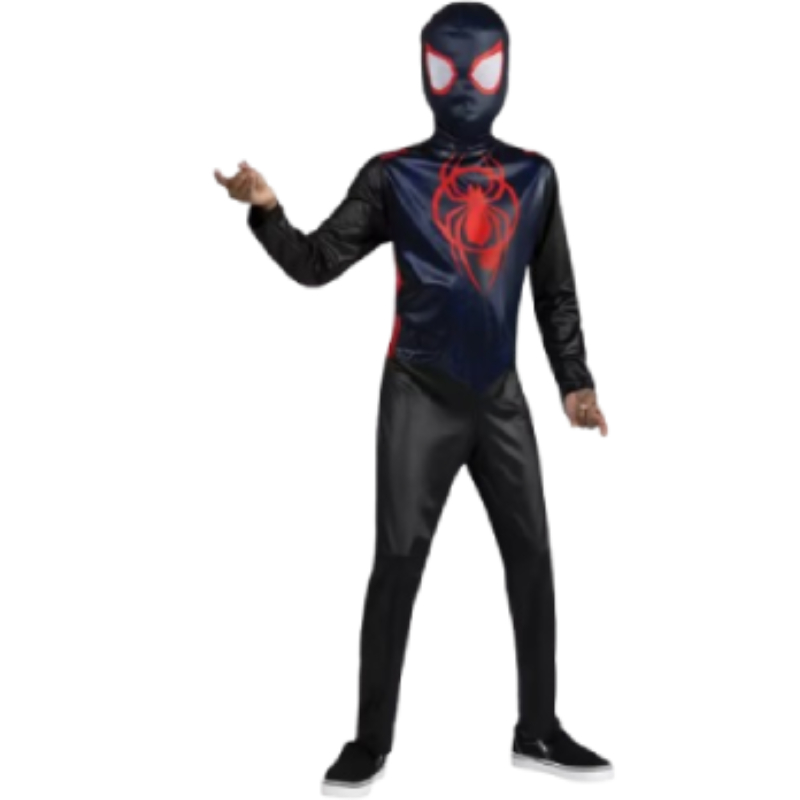 Marvel Spider-Man Miles Morales Child Costume with black jumpsuit, red spider emblem, red accent details, and coordinating full-head mask.