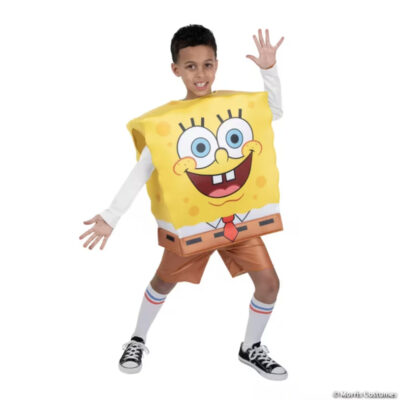 Child wearing a SpongeBob SquarePants costume with a yellow square tunic featuring SpongeBob’s face and printed outfit details.