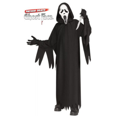 Scream 30th Anniversary Ghost Face Father Death Child Costume with black hooded robe, jagged sleeves, and white Ghost Face mask.