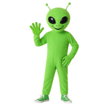 Green Alien Child Costume with bright green jumpsuit, oversized character head, large black eyes, smile, and antennae.