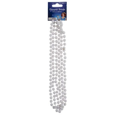 Long white 8 mm pearl bead costume necklace for flapper, 1920s, and vintage looks.