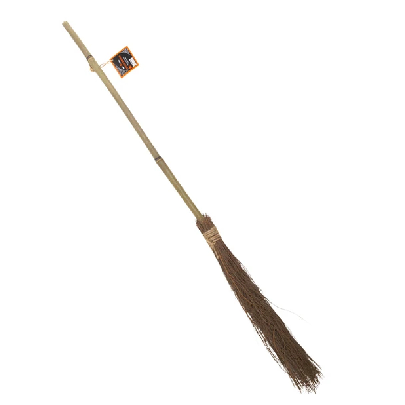 37 inch natural twig witch broom costume prop with rustic handle and bundled brown bristles.