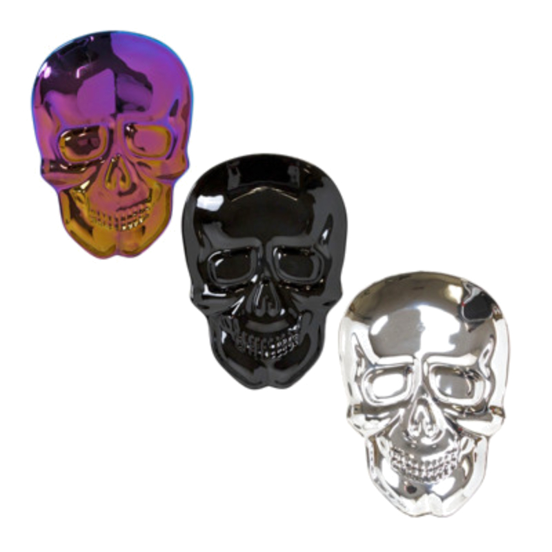 13" x 9" Plastic Skull Party Trays shown in iridescent purple, black, and silver metallic-style finishes.