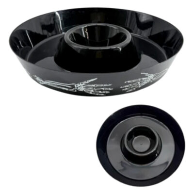 13 inch black plastic dip bowl with white skeleton-hand graphics and raised center dip section.