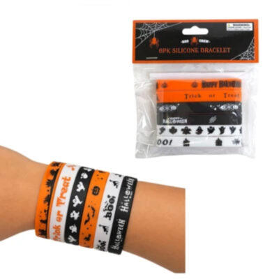 Halloween printed rubber bracelets in orange, black, and white with spooky sayings and Halloween-themed graphics.