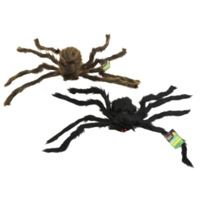 26 inch hairy bendable Halloween spider with fuzzy body and long posable legs in assorted black and brown colors.