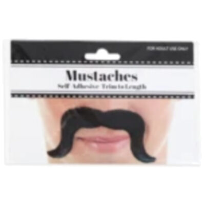 Black walrus moustache costume accessory with thick curved ends for vintage, cowboy, and character costumes.