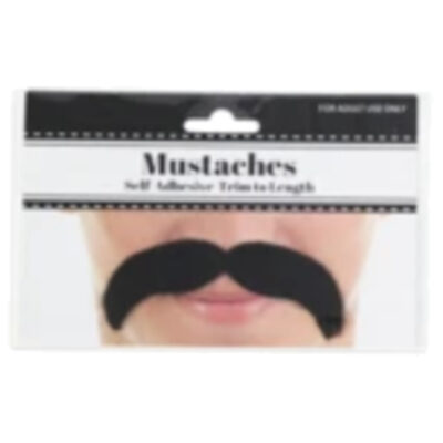 Black horseshoe moustache costume accessory with thick curved ends for biker, cowboy, and retro costumes.